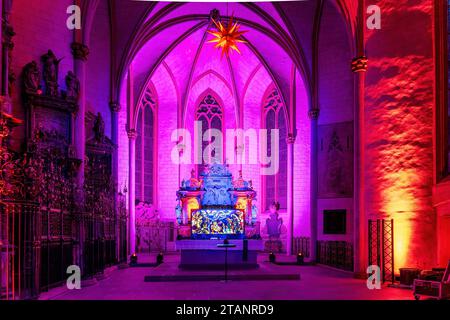 Marburgo, Germania, 2023: Vista interna illuminata della chiesa di Santa Maria o della chiesa parrocchiale nel periodo natalizio Foto Stock