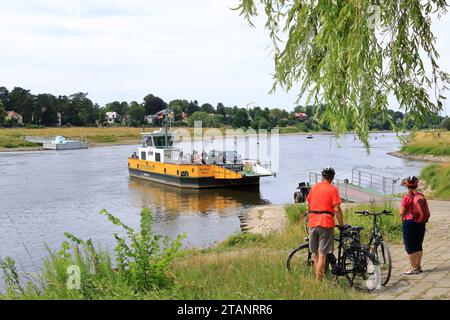 23 luglio 2023 - Pillnitz, Dresda in Germania: Il traghetto a Dresda collega Pillnitz con Kleinzschachwitz ed è gestito dalla Dresdner Verkehrs Foto Stock