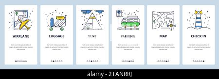 Modello vettoriale delle schermate di onboarding del sito Web di viaggi e dell'app mobile Illustrazione Vettoriale
