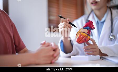 Le donne del medico cardiologo asiatico spiegano circa anatomico del modello di cuore umano al paziente femminile dopo aver esaminato la salute mentre dà consulenza abou Foto Stock