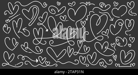 Collezione di cuore disegnata a mano. Set Love Doodles. Elemento Scribble. Elementi illustrativi romantici per San Valentino o per la Festa della mamma Illustrazione Vettoriale