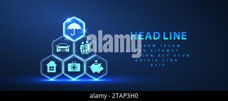 Piano assicurativo complesso. Esagoni a forma di piramide con icona a forma di ombrello sull'elemento superiore. Illustrazione Vettoriale