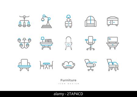 Set di icone per mobili con stile linea semplice e minimalista. Elementi interni per uso domestico, contiene lampada da studio, finestra, banco da lavoro, sedia da ufficio, divano, e. Illustrazione Vettoriale