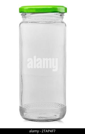 Svuotare il vaso di vetro con un tappo a vite per alimenti e alimenti in scatola. Isolato su sfondo bianco. Il file contiene il percorso di ritaglio. Foto Stock