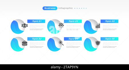Modello di progettazione infografica moderna con 6 opzioni o passaggi. Può essere utilizzato per presentazione, Layout flusso di lavoro, diagramma o rapporto annuale. Diagramma della sequenza temporale Illustrazione Vettoriale
