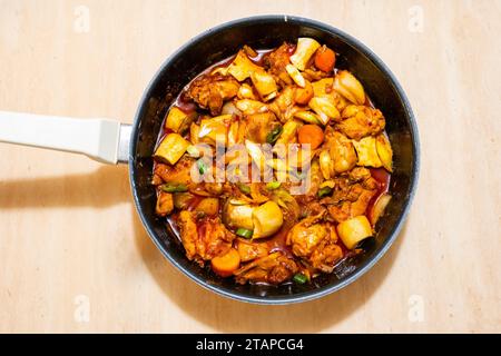 A casa mia, tagliai il pollo con patate, carote, cipolle e peperoni, aggiungevo la pasta di peperoni rossi, la salsa di soia e lo sciroppo di amido, e poi lo lasciai sobbollire Foto Stock