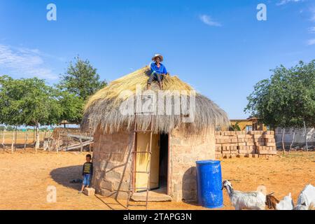 una donna africana si arrampicò per riparare un tetto di paglia su una capanna, un bambino e un bestiame nel cortile Foto Stock