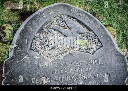 Ghiaccio su una lapide vittoriana in un vecchio cimitero di Cardiff, Galles. Inverno. Evocativo, triste, lutto, gotico, morte, aldilà. Concetti. Foto Stock