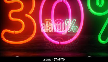 30% di sconto sul simbolo al neon. sconto del 30% su sconti e promozioni sulle lampadine di colore chiaro al dettaglio. Illustrazione 3d del concetto astratto. Foto Stock