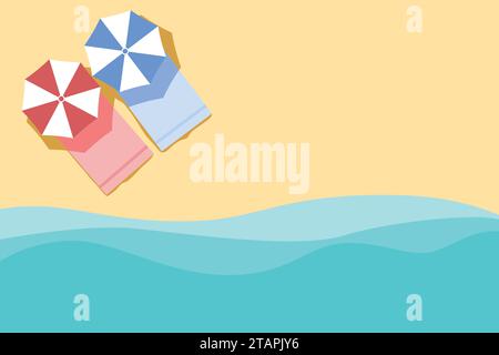 Plan of Beach, sfondo estivo. con ombrello e vista sull'asciugamano dall'alto. Illustrazione Vettoriale