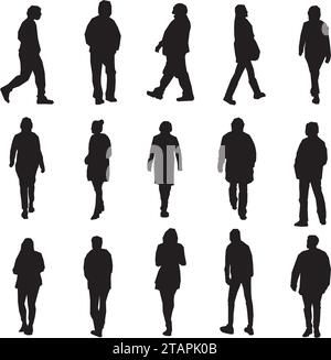 Serie di silhouette di persone che camminano e si alzano. Illustrazione Vettoriale