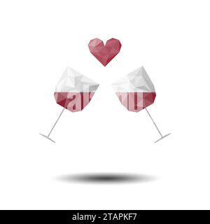 Poligono cuore con vino, icona coppia su sfondo bianco Illustrazione Vettoriale