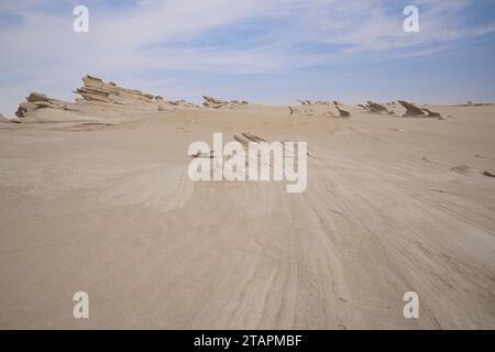 Le dune fossili di al Wathba, le meraviglie dell'arenaria intagliata dal vento, la meraviglia artistica della natura nella sabbia e nel calcio. Abu Dhabi, Emirati Arabi Uniti Foto Stock
