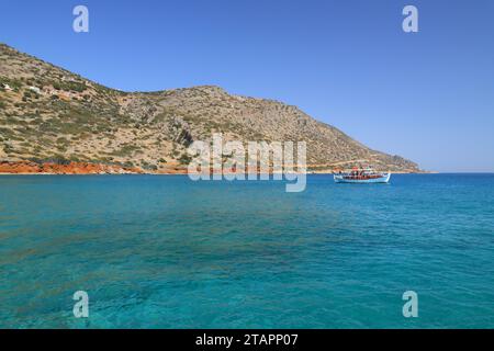 Vista da Plake sul Golfo di Elounda, Creta, Grecia, Europa. Foto Stock
