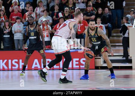 Monaco, Monaco. 30 novembre 2023. COME Monaco n. 11 Alpha Diallo è visto in azione durante la partita Turkish Airlines Euroleague Round 11 tra AS Monaco e Olympiacos Pireo nella sala Gaston Medecin di Monaco. Punteggio finale; AS Monaco 85 : 77 Olympiakos. (Foto di Laurent Coust/SOPA Images/Sipa USA) credito: SIPA USA/Alamy Live News Foto Stock