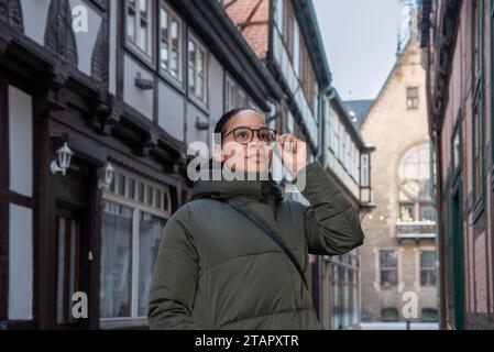 L'amichevole latina meraviglia nel centro storico di Quedlinburg, Germania Foto Stock