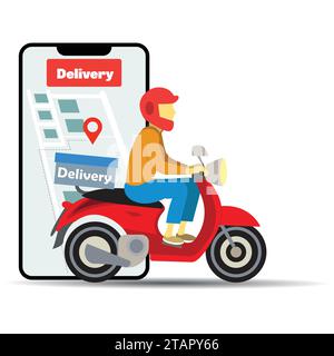 Concetto di delivery online dal cellulare alla motocicletta Illustrazione Vettoriale
