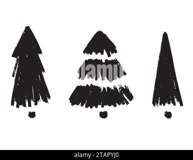 Set di alberi di Natale in stile grunge su sfondo bianco. Sagome di un albero di Capodanno. Elementi per la progettazione di gioielli, carte, adesivi. Illustrazione Vettoriale