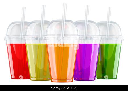 Set di bevande colorate. Tazze monouso in plastica trasparente con bevande colorate, rendering 3D isolato su sfondo bianco Foto Stock
