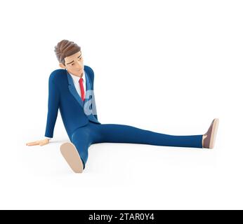 uomo d'affari dei cartoni animati 3d seduto sul pavimento, illustrazione isolata su sfondo bianco Foto Stock