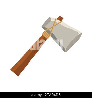Ascia di pietra isolata su sfondo bianco. Strumento e arma antichi in stile piatto. Illustrazione vettoriale. Illustrazione Vettoriale