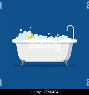 Vasca da bagno con bolle di schiuma all'interno e anatra in gomma gialla isolata su sfondo blu. Tempo bagno in illustrazione vettoriale piatta Illustrazione Vettoriale