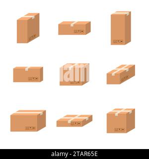 Impostare scatole di cartone di consegna di dimensioni diverse vettore di cartone isolato su sfondo bianco. Scatole di cartone con icone di imballaggio per la movimentazione. Illustrazione Vettoriale