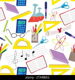 Oggetti correlati alla scuola modello senza giunture; vari modelli di forniture scolastiche; Illustrazione con accessori utilizzati a scuola; ritorno a scuola modello senza giunture Illustrazione Vettoriale