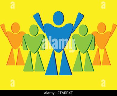 Icona astratta di un gruppo di persone; cinque icone antropomorfe; icone di persone in un raduno; Illustrazione Vettoriale
