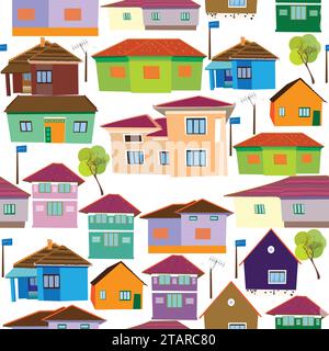 Case villaggio colorato senza giunture modello; case villaggio rumeno, vettore stile doodle modello senza giunture Illustrazione Vettoriale