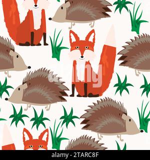 Motivo senza cuciture con riccio e volpe; motivo senza cuciture con animali Illustrazione Vettoriale