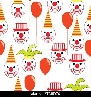 Motivo senza cuciture con visi da clown rotondi con cappelli e baloon; simpatici visi da clown con cappelli e baloon da carnaval Illustrazione Vettoriale