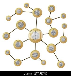 Blockchain. Concetto di transazione Internet criptovaluta. Monete in oro argento criptovaluta. Illustrazione vettoriale della criptovaluta delle transazioni di processo Illustrazione Vettoriale