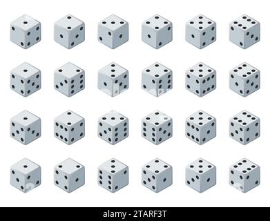 Imposta 24 autentiche icone di dadi in tutti i possibili turni. Ventiquattro varianti perdono dadi. Cubi bianchi isolati su sfondo bianco. Dadi per giochi da tavolo Illustrazione Vettoriale