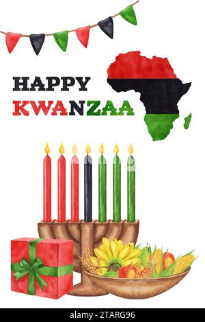 Cartolina Kwanzaa. Vacanze afro-americane. Kinara, sette candele in fiamme, mappa rossa nera verde, tazza, tamburo, regalo, raccolto. Acquerello disegnato a mano Foto Stock