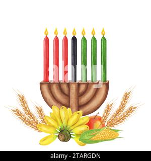 Cartolina di Kwanzaa. Vacanze afro-americane. Kinara, sette candele brucianti, rosso nero verde, raccolta: Banane, mais, grano, mela, pera. Disegnato a mano Foto Stock