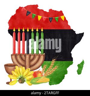 Cartolina di Kwanzaa. Vacanze afro-americane. Kinara, sette candele in fiamme, rosso nero verde, bandiera della mappa, raccolta: Banane, mais, grano, mela. Disegnato a mano Foto Stock