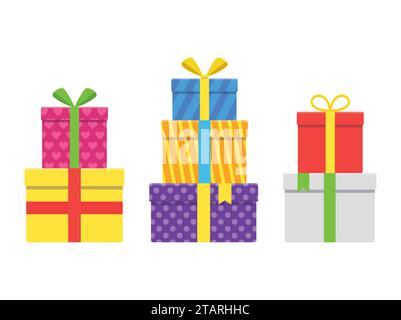 Pile di confezioni regalo colorate o regalo con nastro e fiocco isolati su sfondo bianco. Confezione regalo per Natale o compleanno Illustrazione Vettoriale