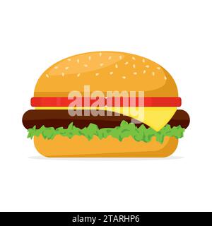 Hamburger con carne, lattuga, formaggio e pomodoro. Illustrazione vettoriale fast food Illustrazione Vettoriale