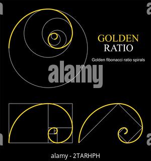 Set di modelli Golden ratio. Simbolo di proporzione. Elemento di progettazione grafica. Spirale sezione dorata. Illustrazione vettoriale Illustrazione Vettoriale