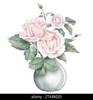 Composizione acquerello di rose crema bianca e foglie verdi in vaso di vetro. Illustrazione disegnata a mano sfondo bianco isolato. Elemento verniciato a mano Foto Stock