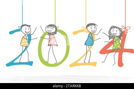 I personaggi dei numeri festeggiano il nuovo anno 2024 Illustrazione Vettoriale
