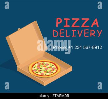 Servizio di consegna con cestino per pizza. Scatola di imballaggio in cartone marrone con pizza in stile piatto. Illustrazione Vettoriale