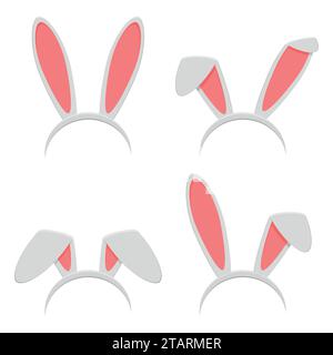 Set maschera per orecchie coniglietto pasquale isolato su sfondo bianco. Cappello a molla per orecchie di coniglio in stile piatto. Copricapo, elemento isolato in costume per la celebrazione Illustrazione Vettoriale