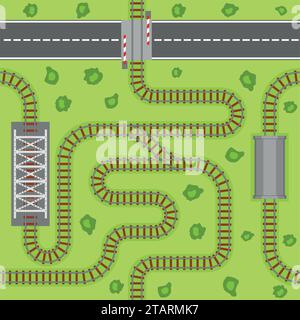 Vista dall'alto della ferrovia, della ferrovia o della ferrovia sull'erba verde. Binario per il trasporto ferroviario in acciaio e legno, binario ondulato o curvato, dritto Illustrazione Vettoriale