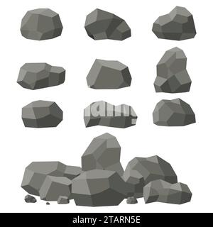 Rocce e pietre incastonate, singole o impilate su sfondo bianco. Pietre e rocce in stile piatto isometrico 3D. Set di massi diversi. Illustrazione vettoriale Illustrazione Vettoriale