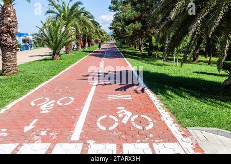 Batumi, Georgia - 15 settembre 2023: Linea ciclistica lungo la passeggiata lungomare sul verde viale sulla città di Batumi nelle soleggiate giornate autunnali Foto Stock