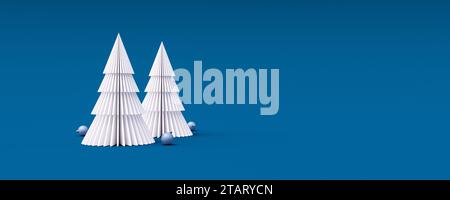 Albero di Natale bianco con palline decorative su sfondo blu rappresentazione 3d illustrazione 3D. Foto Stock