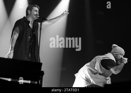 Il cantante Rayden si esibisce durante il concerto al WiZink Center di Madrid. 2 dicembre 2023 Spagna Foto Stock