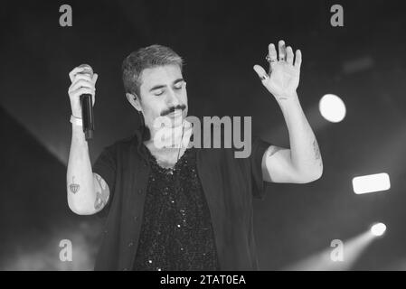 Il cantante Rayden si esibisce durante il concerto al WiZink Center di Madrid. 2 dicembre 2023 Spagna Foto Stock